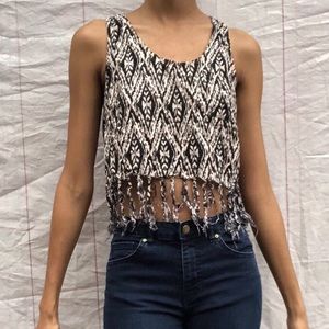 Tan and black printed fringe cropped tank top